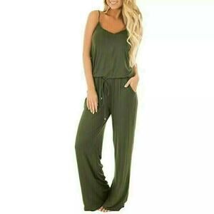 Sleeveless Jumpsuit Romper Stretch Cotton Green Casual Summer NEW M